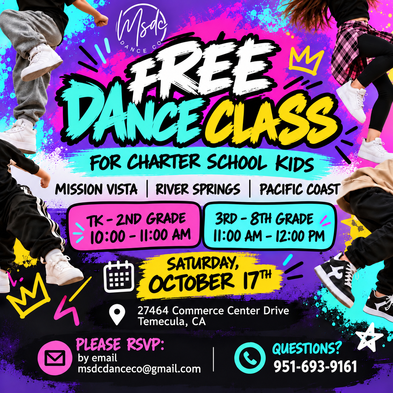 Flyer for MSDC Dance Co.'s free dance class for charter school kids — Mission Vista, River Springs and Pacific Coast — on Saturday, October 17. TK through 2nd grade dance 10:00 to 11:00 AM, 3rd through 8th grade 11:00 AM to 12:00 PM, at 27464 Commerce Center Drive, Temecula. RSVP by email to msdcdanceco@gmail.com; questions at 951-693-9161.